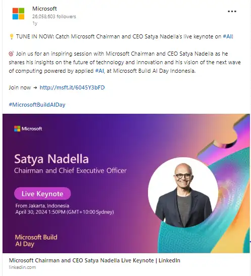 LinkedIn post published on Microsoft's handle to promote Satya Nadella's live keynote