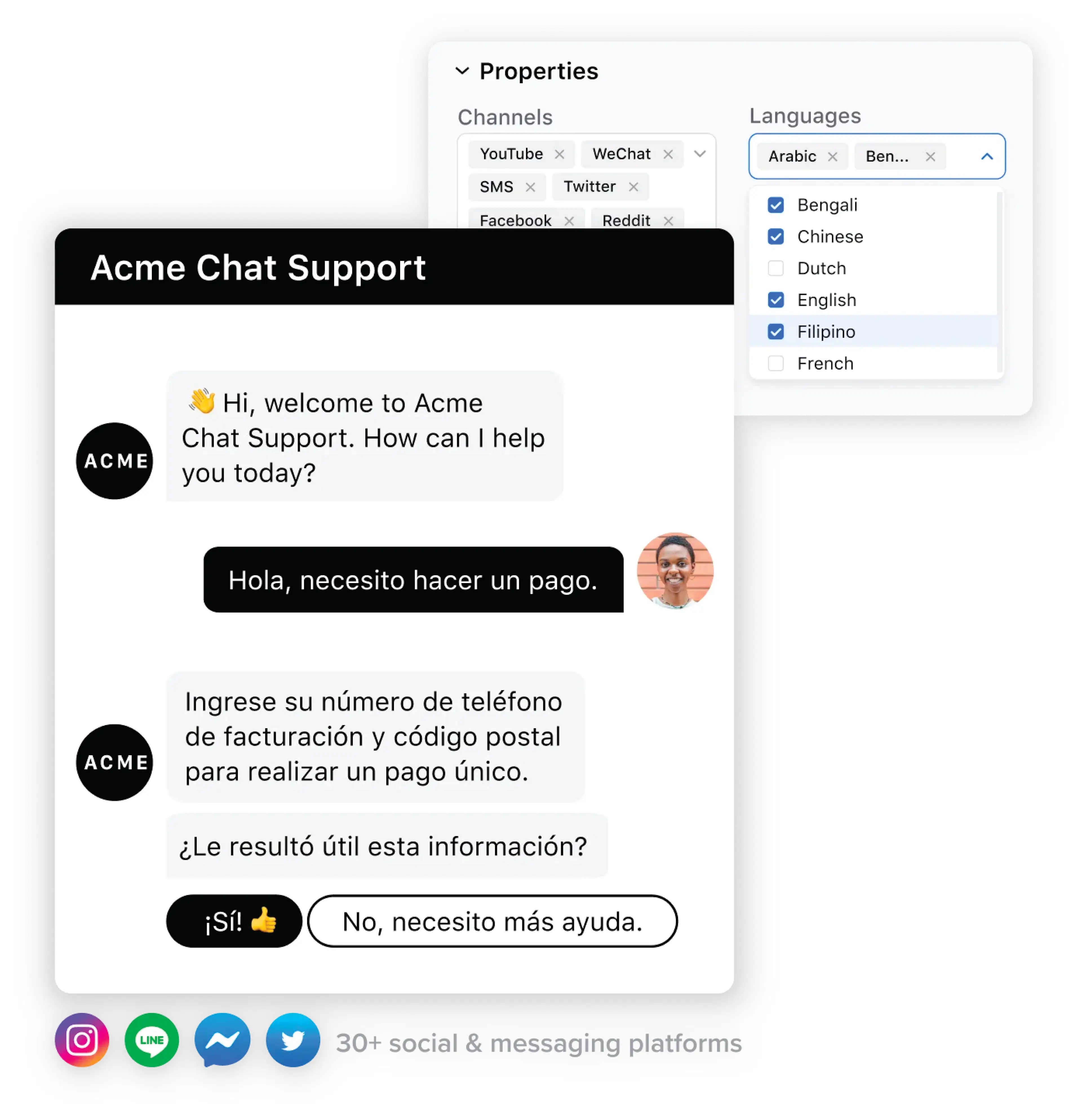 Sprinklr Service AI-powered chatbots help handle conversations in multiple languages