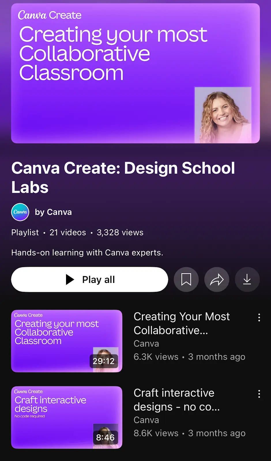 Screenshot showcasing tutorial videos on Canva's YouTube handle