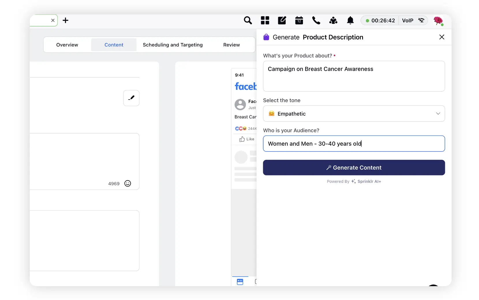 Title: Inserting image... - Description: Sprinklr dashboard showing AI generating first-draft of marketing content