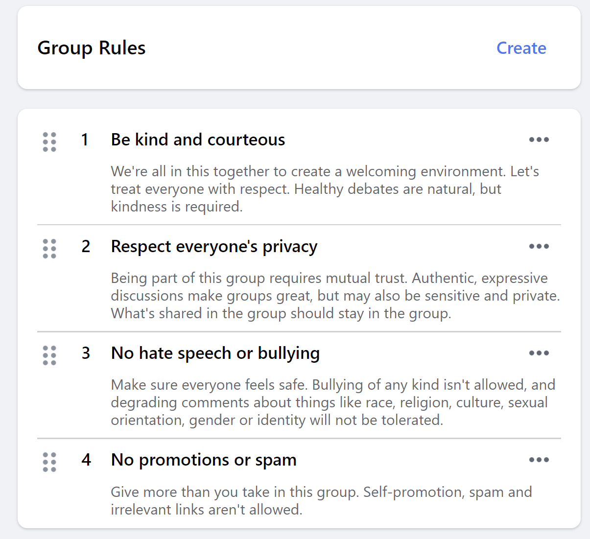 A post showing a Facebook community’s rules