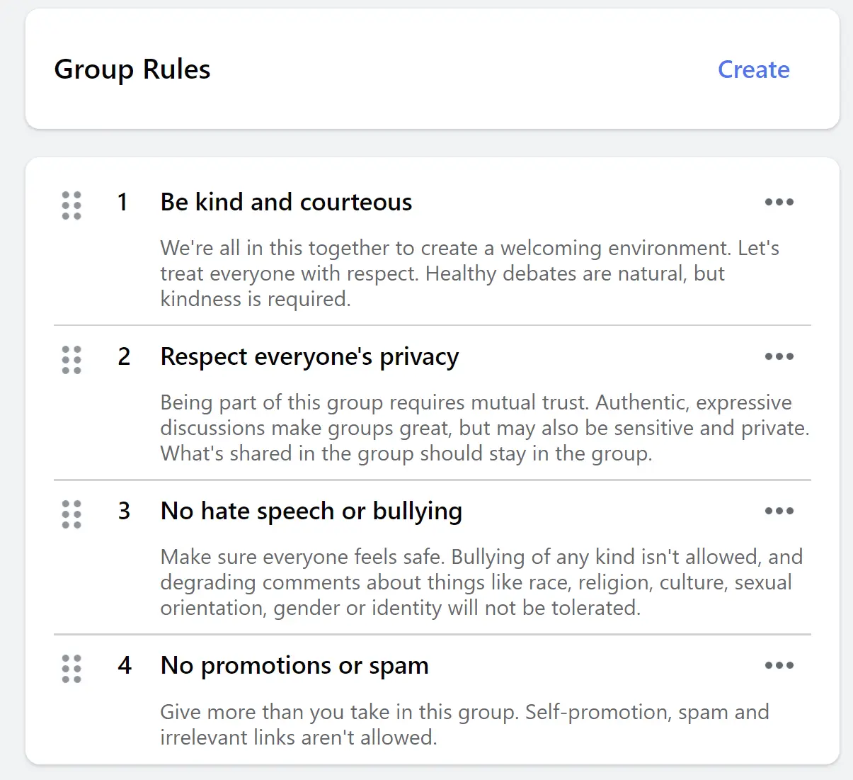 A post showing a Facebook community’s rules