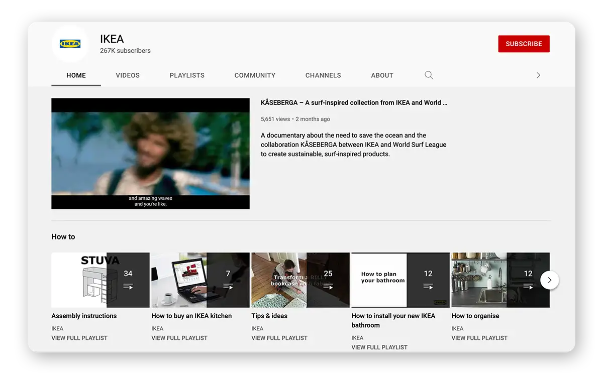 A screenshot of Ikea's Youtube channel and its DIY videos.