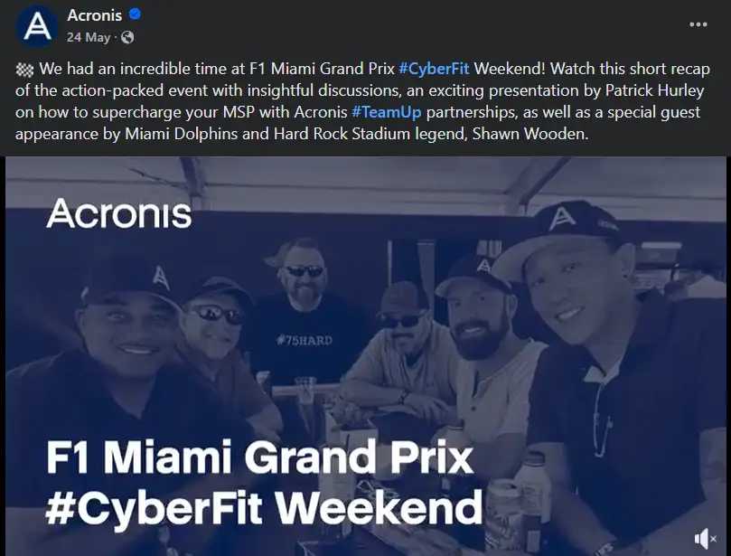 A recap post from Acronis about its F1 Miami Grand Prix #CyberFit Weekend 