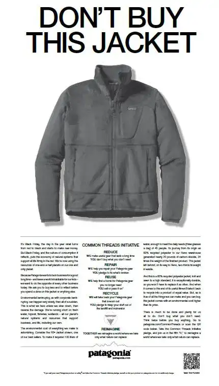 Image showcasing Patagnoia’s “Don't buy this jacket” campaign 