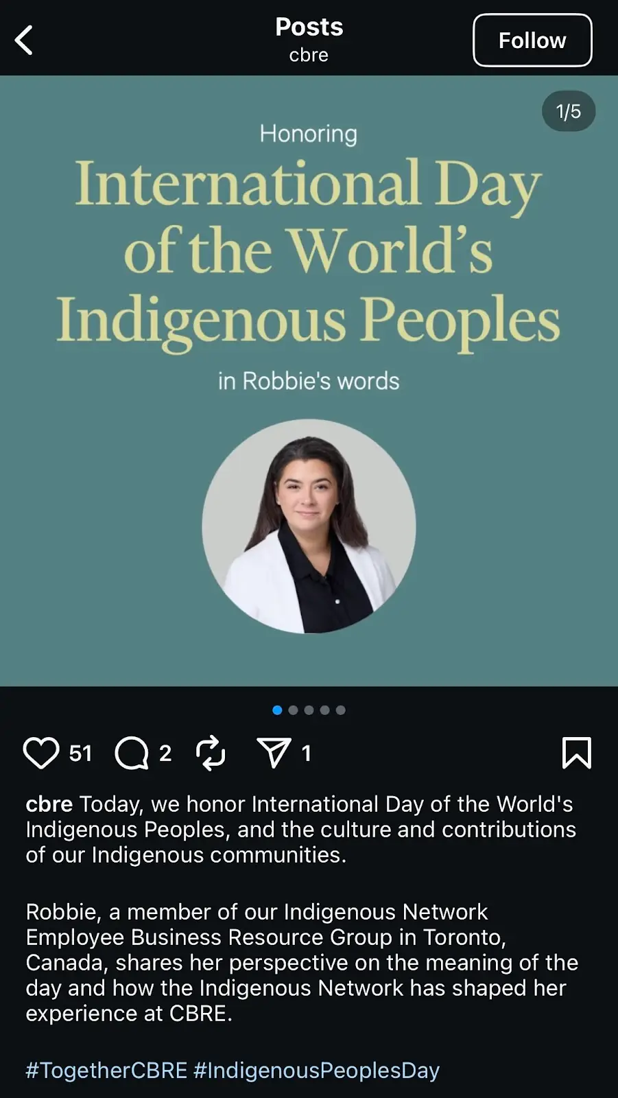 Screenshot of an Instagram post from CBRE’s official handle showcasing the usage of hashtags.
