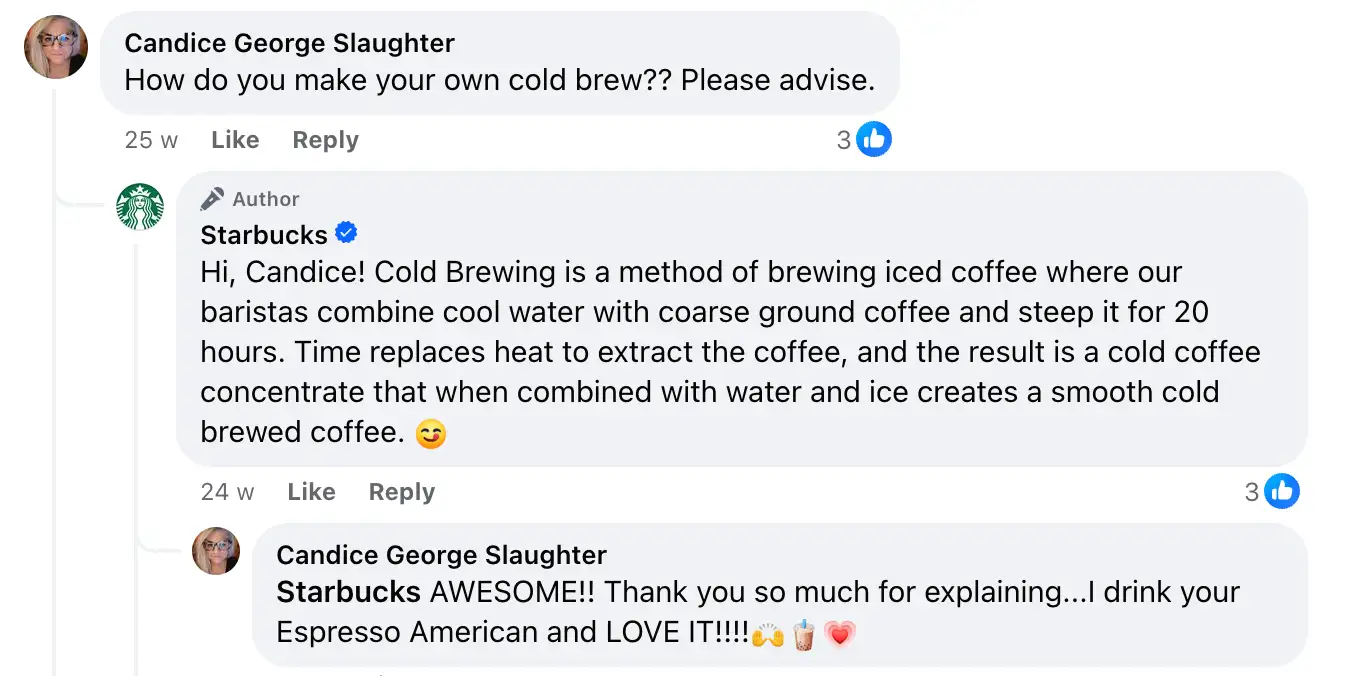 A friendly exchange between  Starbucks and an inquisitive customer on Facebook.