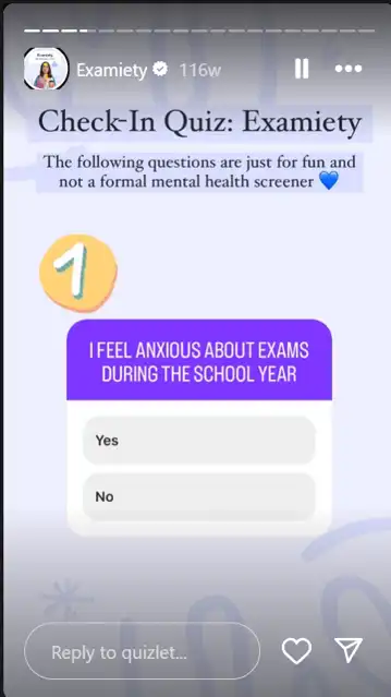 Quizlet’s Instagram Story showing a flashcard with a check-in quiz on exam-related anxiety.