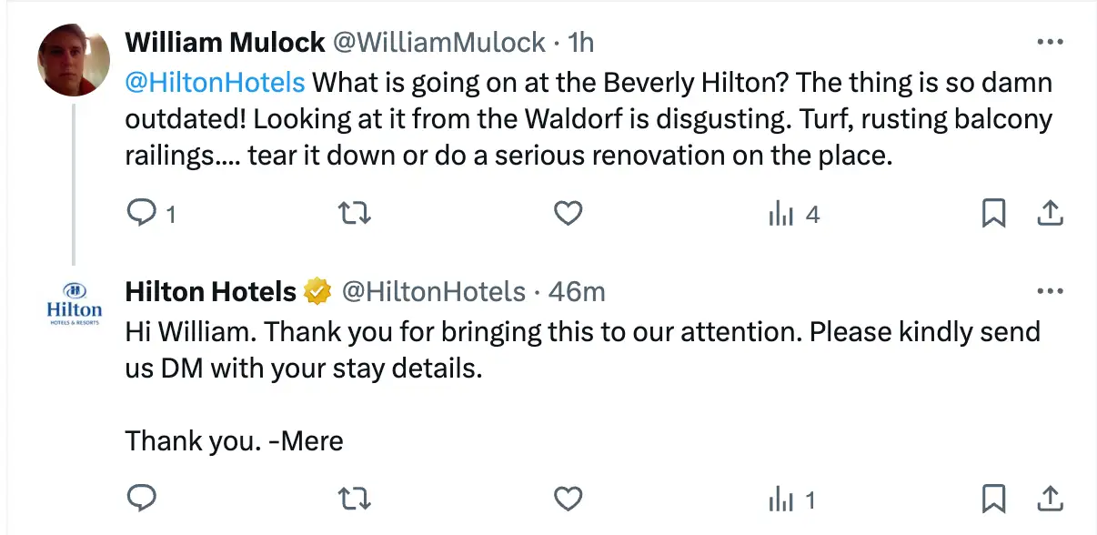 Hilton Hotels responds to tweets to ensure a smooth customer journey