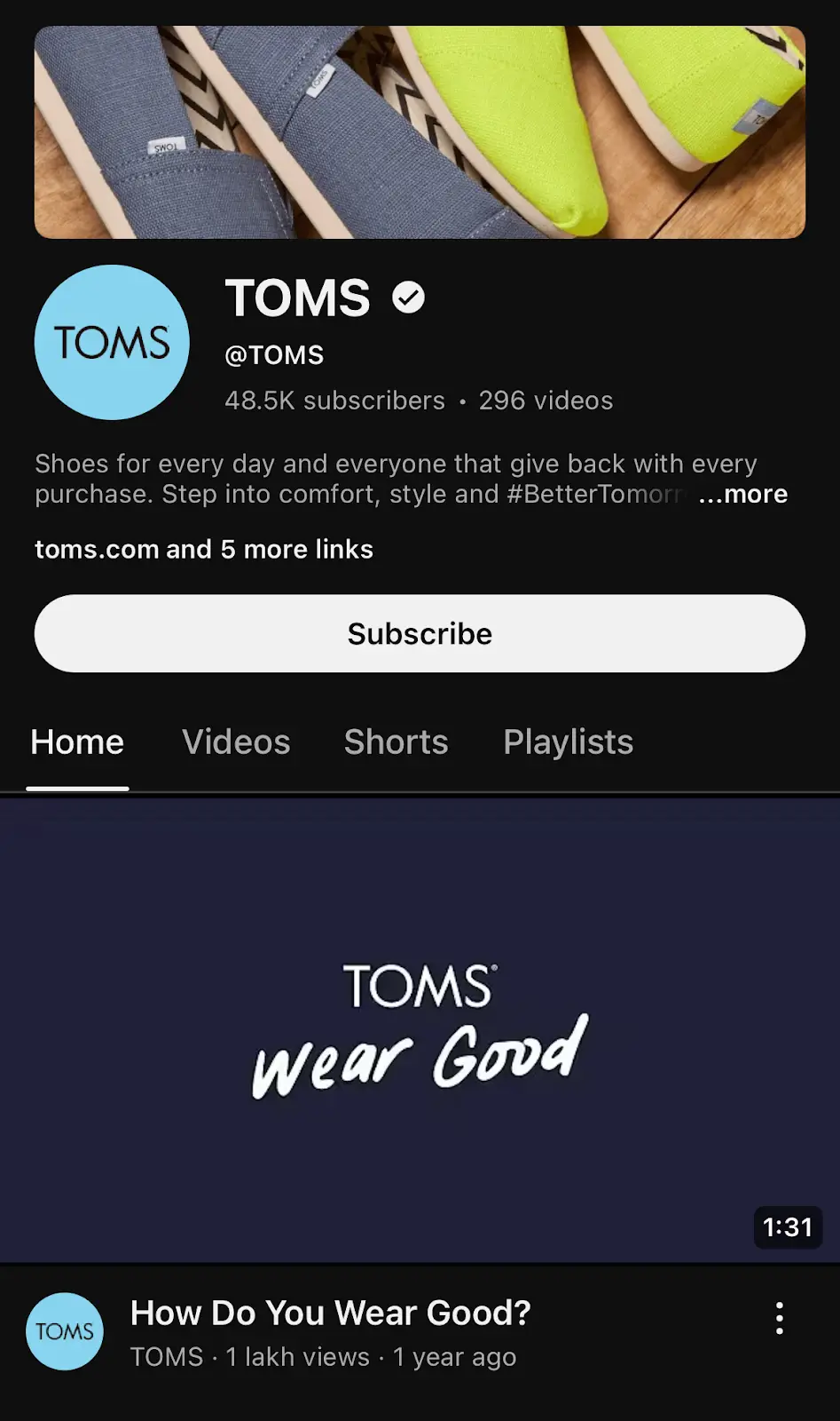 Screenshot from a TOMS YouTube video sharing storytelling content that highlights the brand’s social impact and community initiatives to build trust with its audience. 