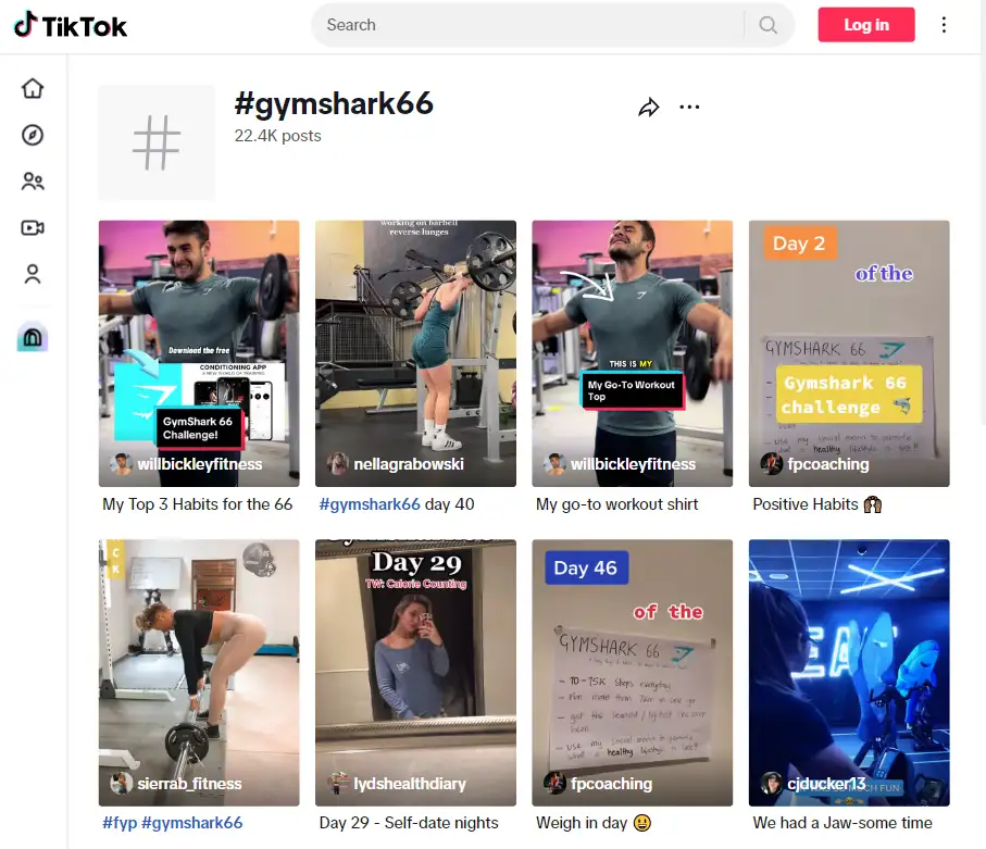 GymShark's TikTok campaign showcasing their use of strategic hashtags like #GymShark66 to engage with fitness enthusiasts. 