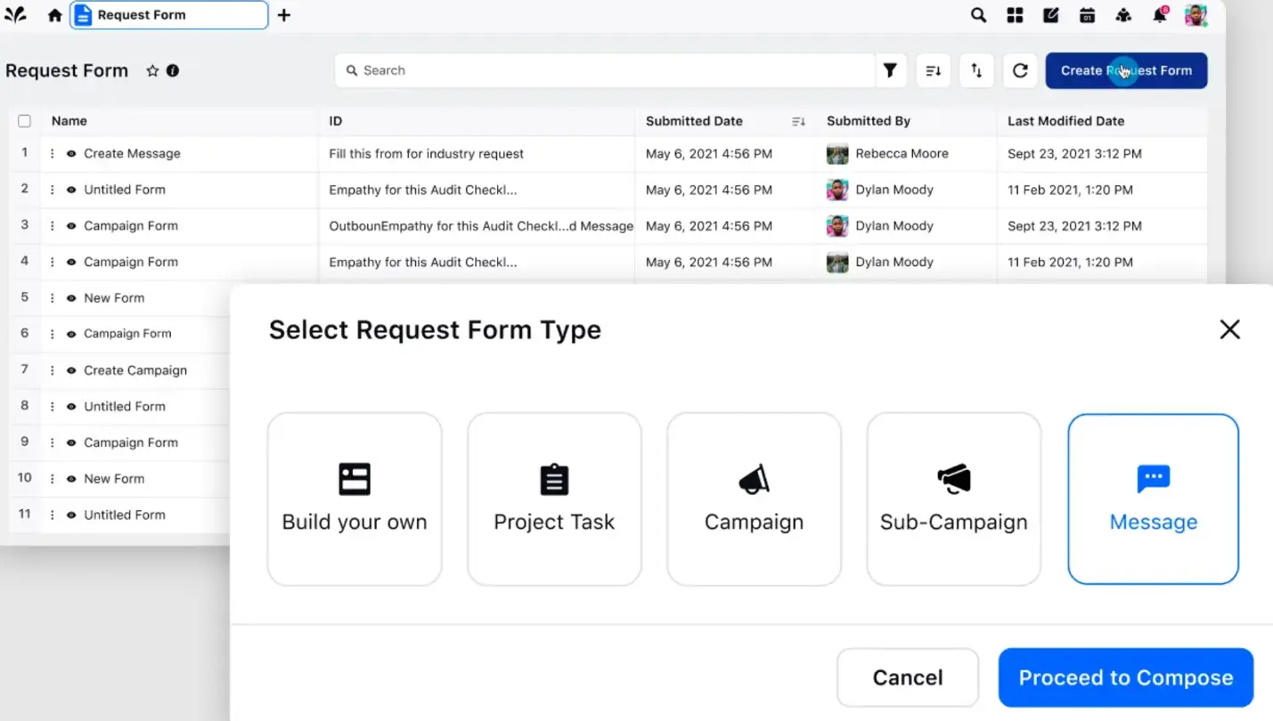 Sprinklr Marketing's customizable request forms for campaign management. 
