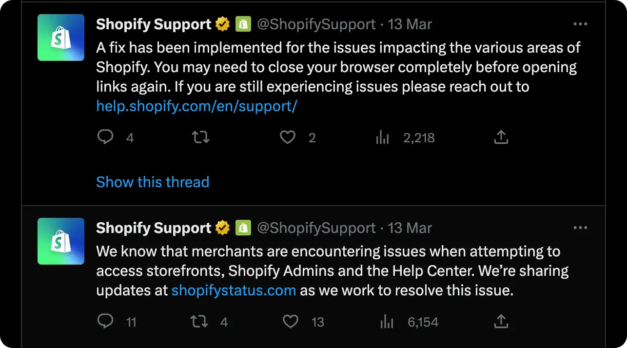 An screenshot from Shopify's Twitter account showing how quickly the company acts to fix website bugs and downtimes