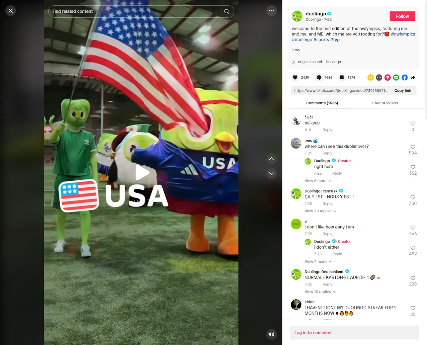 Duolingo Mascot's participating in popular trends on TikTok. 