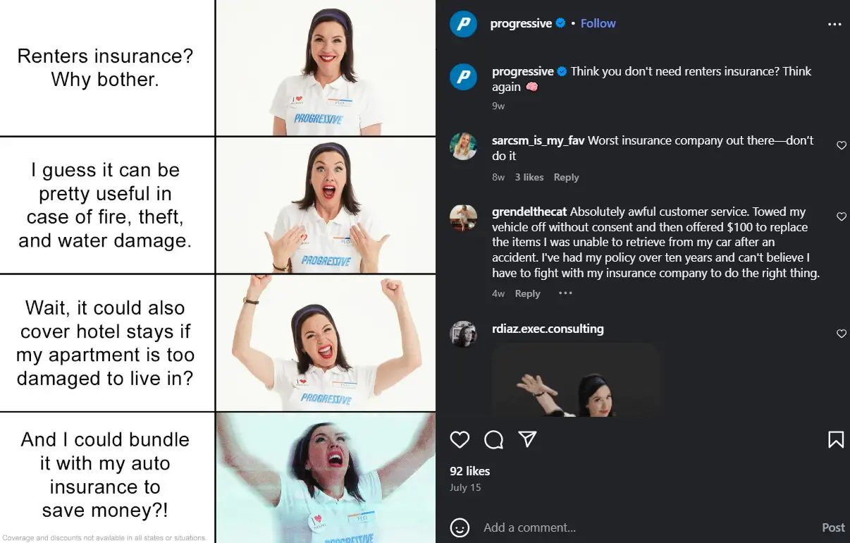 An Instagram post from Progressive Insurance with Flo, their fictional salesperson.