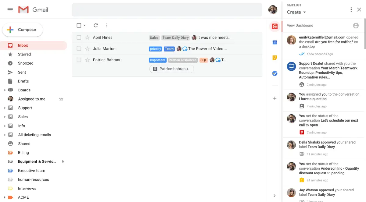 Gmail email management dashboard