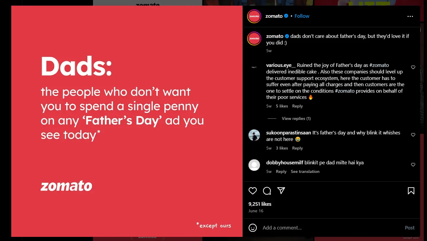 Zomato's Instagram post for Father's Day.