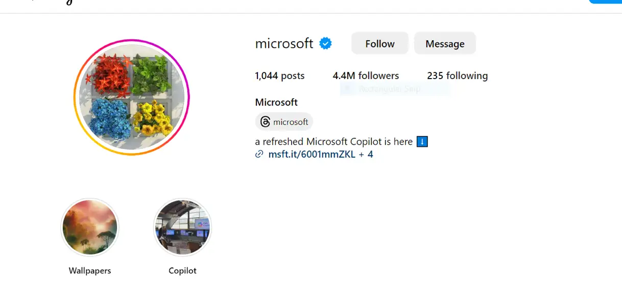 The bio reflects Microsoft’s focus on productivity solutions.