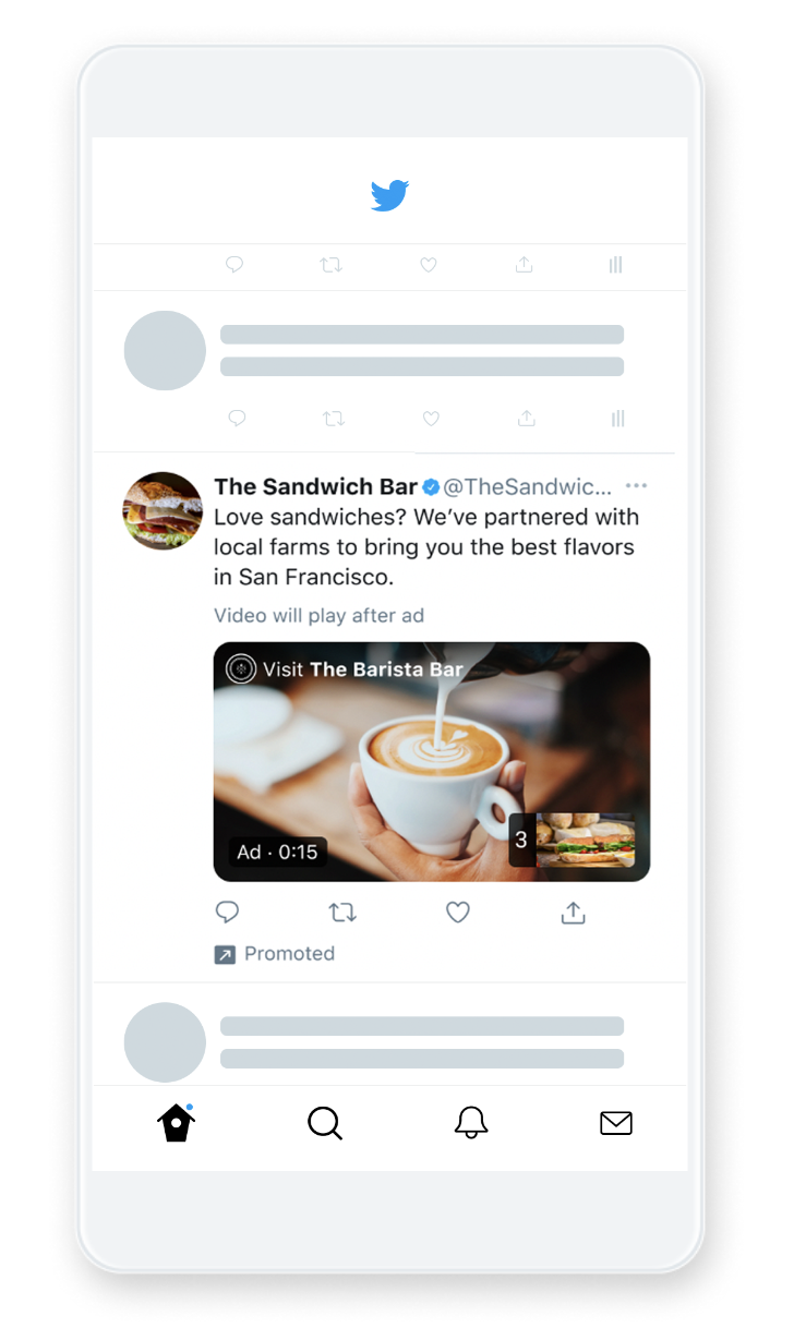 A mobile screenshot showing a Twitter Amplify Ad by the brand The Barista Bar that's embedded within a Tweet by The Sandwich Bar.