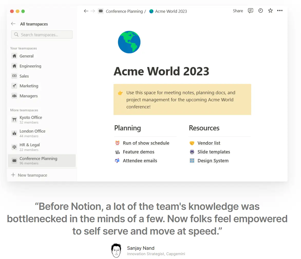 Notion uses targeted B2B testimonials and examples to promote its offerings 
