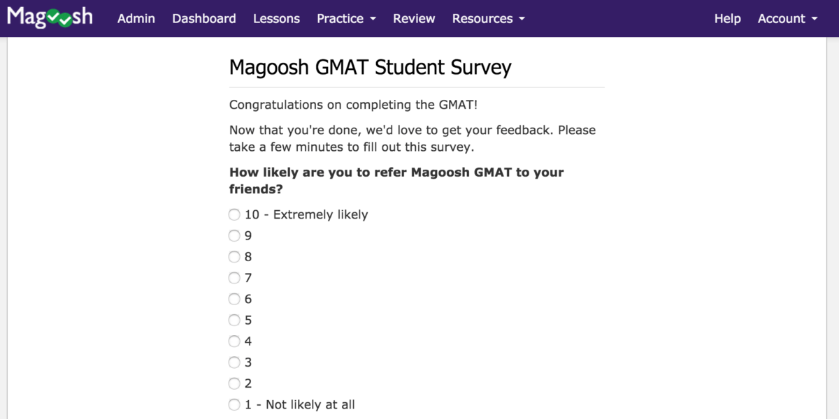 Magoosh Net promoter score survey