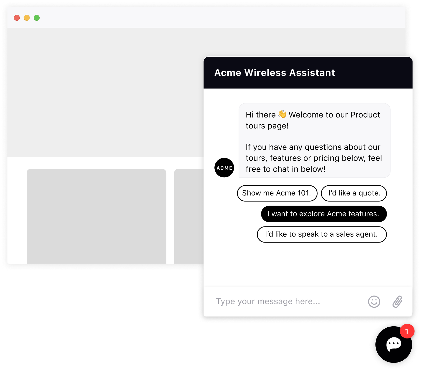 Live chat screenshot with Acme Wireless Assistant 