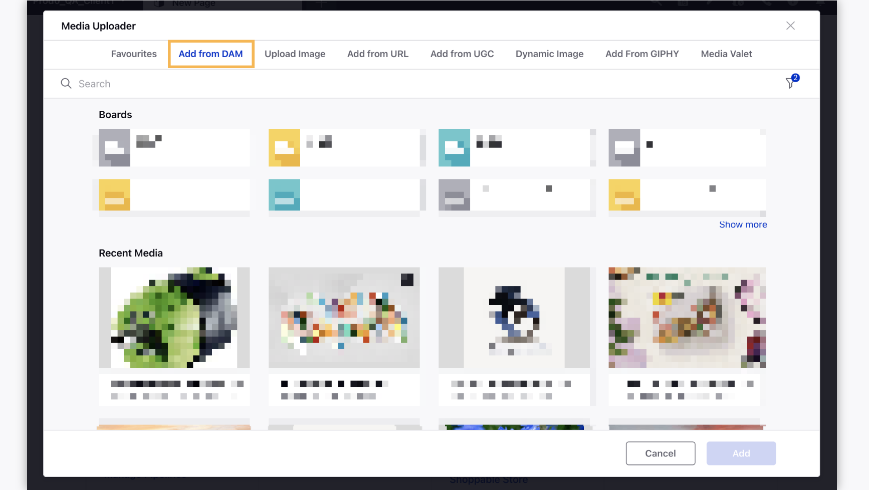 Sprinklr-s Add from DAM option to add different types of creative assets