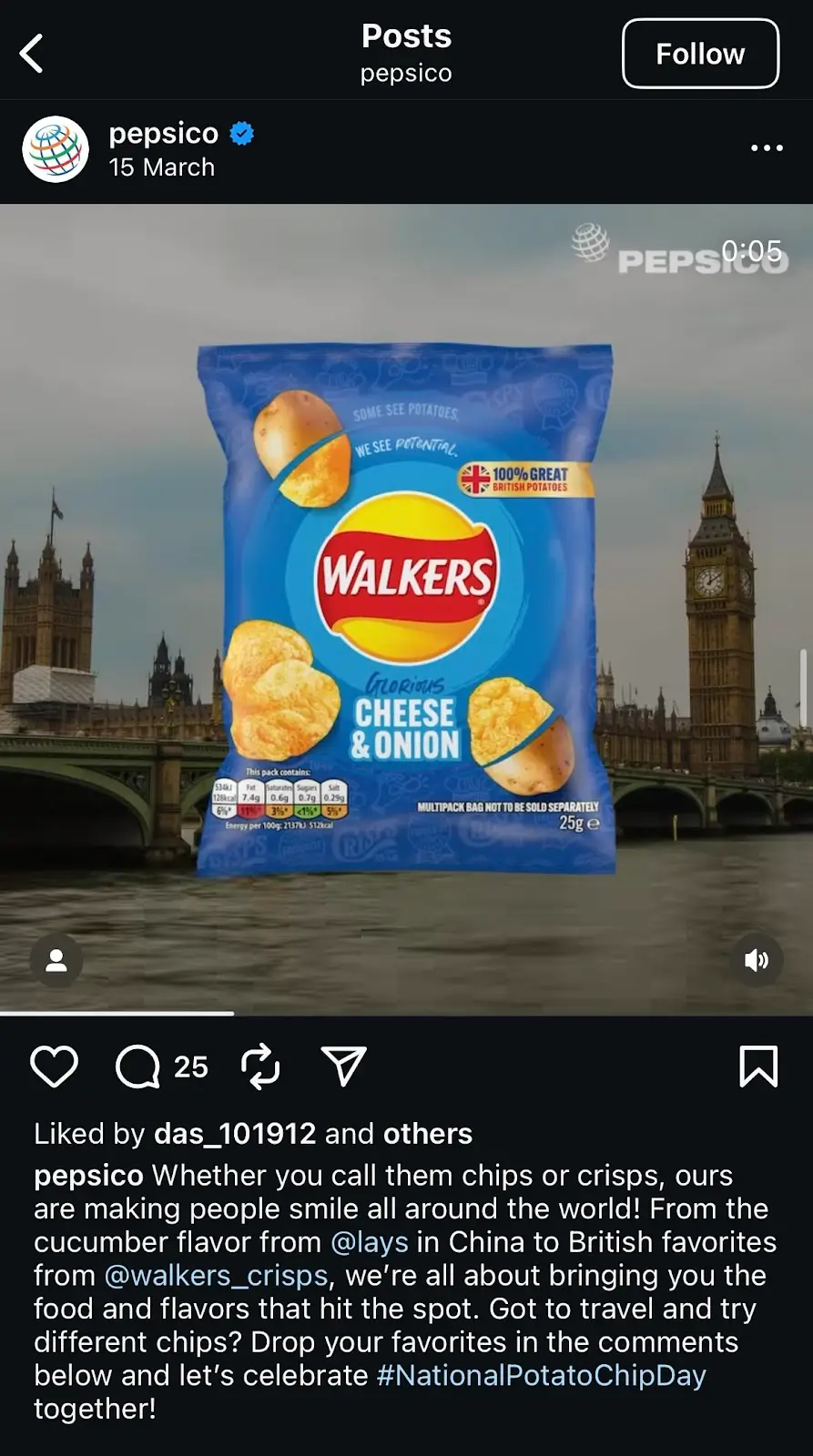 Screenshot of an Instagram post from Pepsico’s official handle showcasing the usage of hashtags.