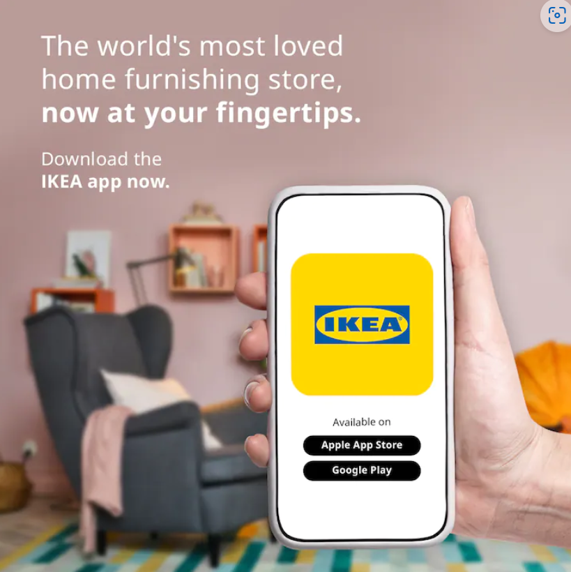 Furniture being displayed behind a phone that has the IKEA app open