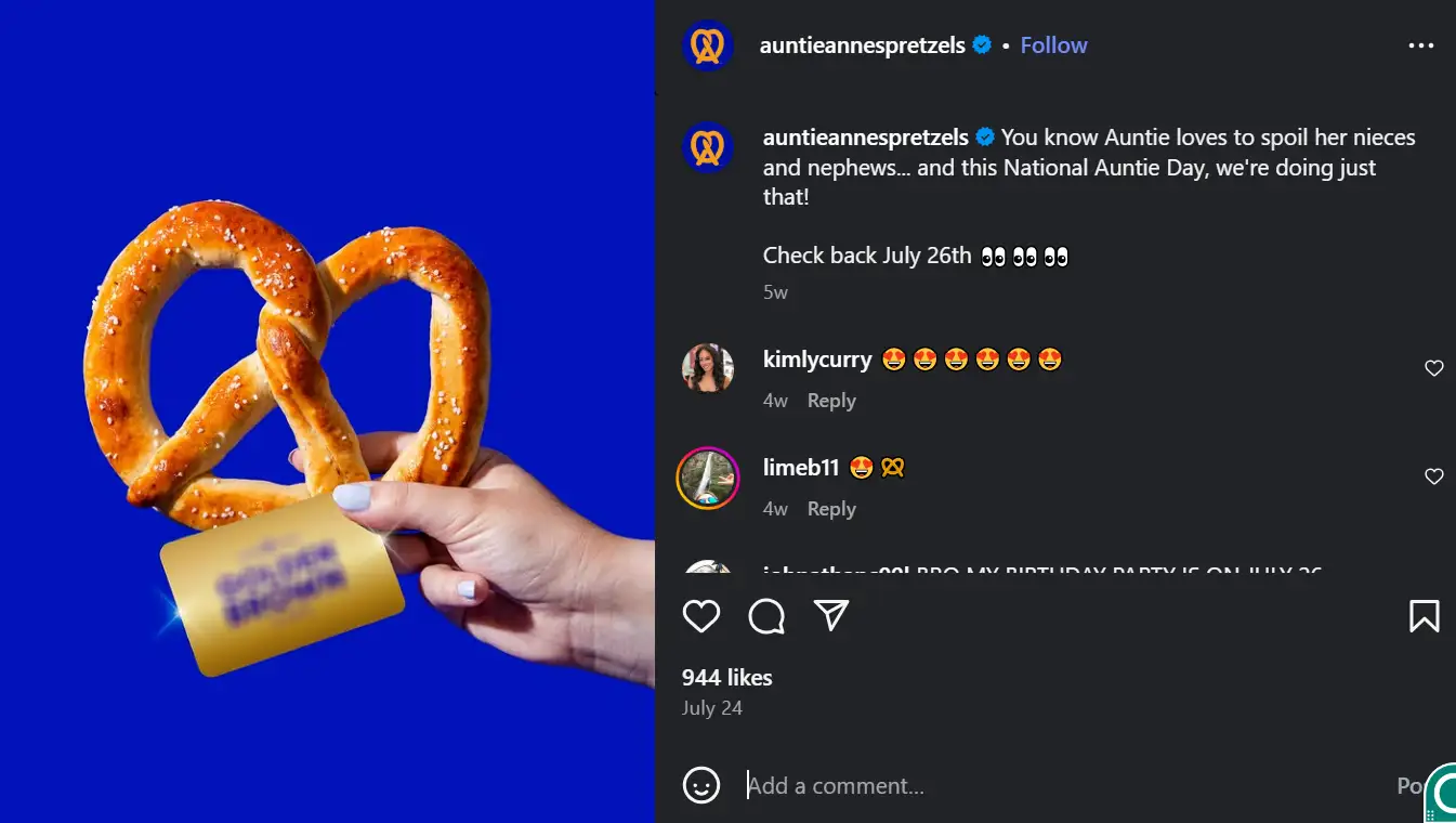 A post from Auntie Anne's, which was also posted on X 