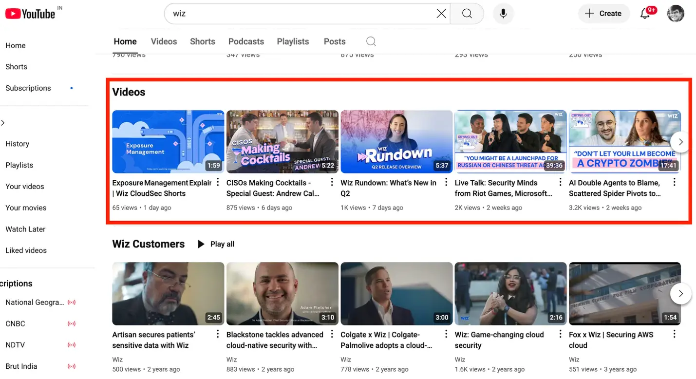 Wiz Security YouTube handle shwoing B2B social media marketing done right
