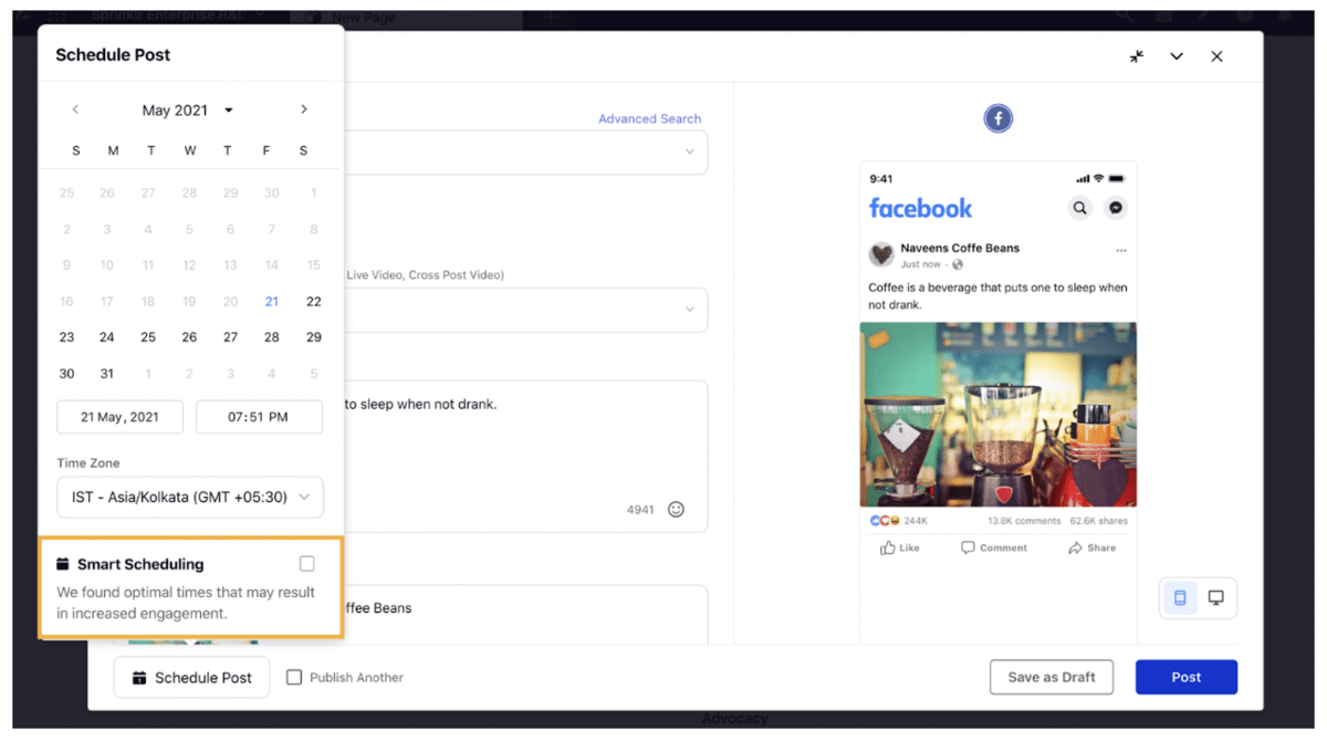Sprinklr-s Smart Scheduling feature helping schedule a Facebook post