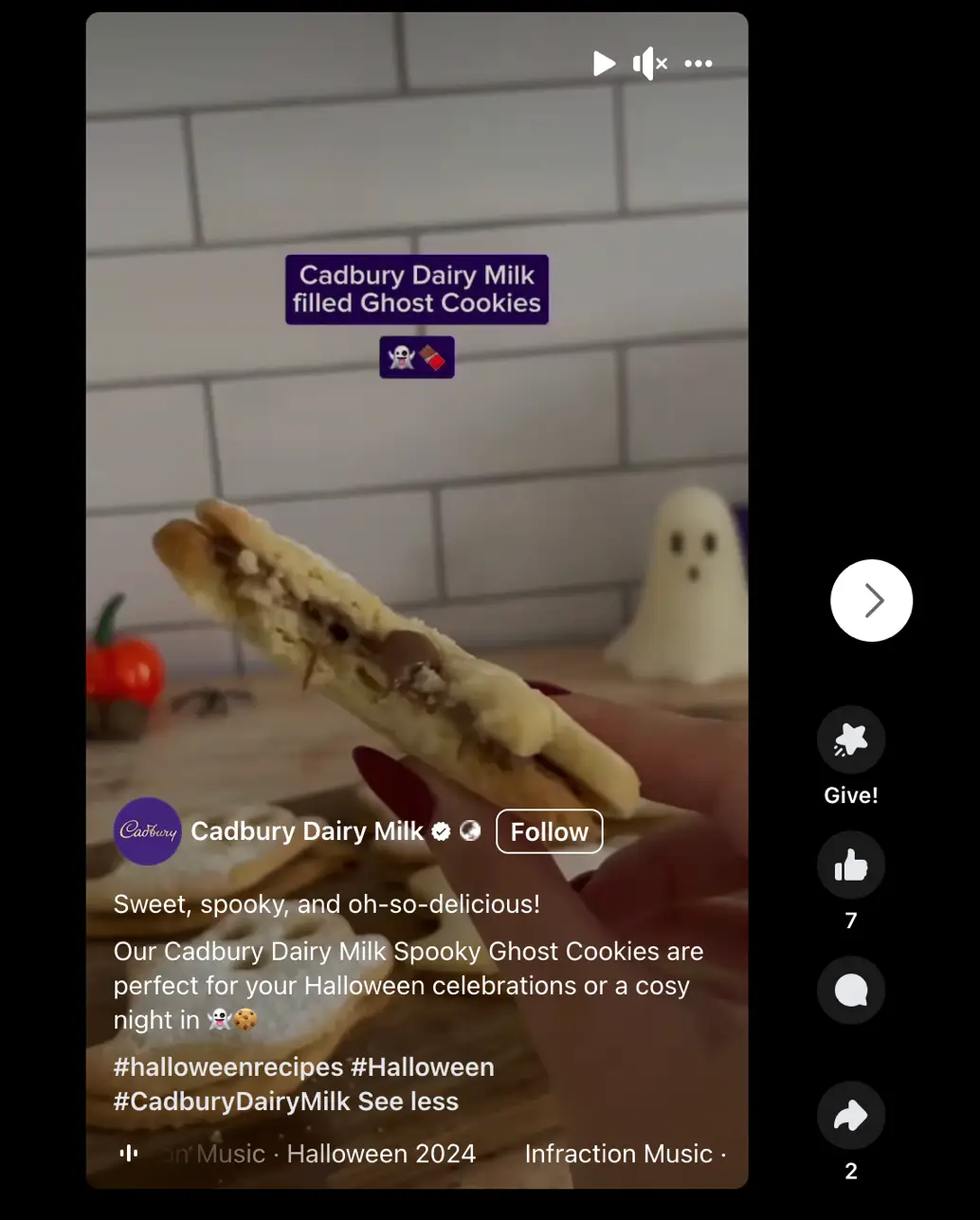 A post from Cadbury featuring a chocolate cookie recipe during Halloween. 