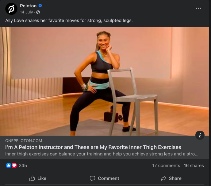 A Peloton social media post showcasing fitness-centric messaging with a female instructor