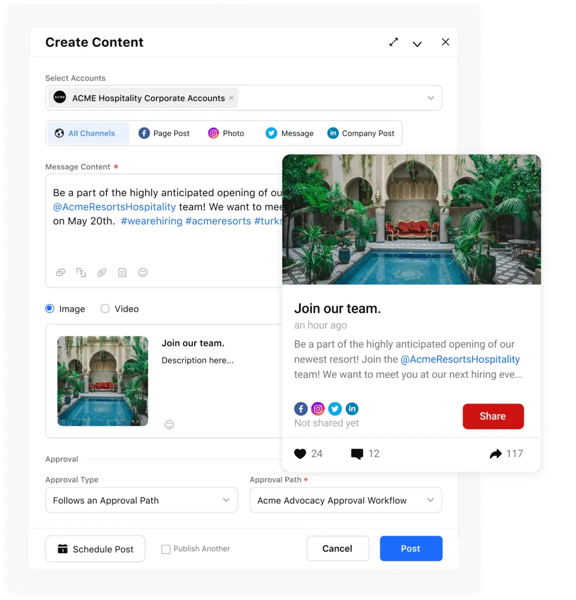 Sprinklr's Advocacy platform with the content creation space that allows advocates to post and manage content across various social channels.
