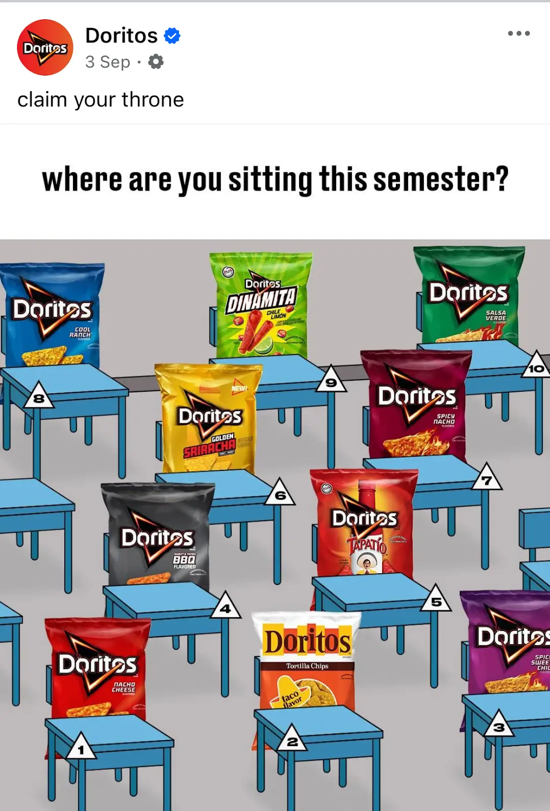 Screenshot of a Doritos Facebook post featuring an interactive flavor poll inviting fans to vote and join the conversation.