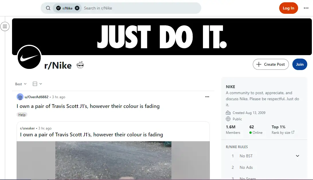 Nike's Reddit page 