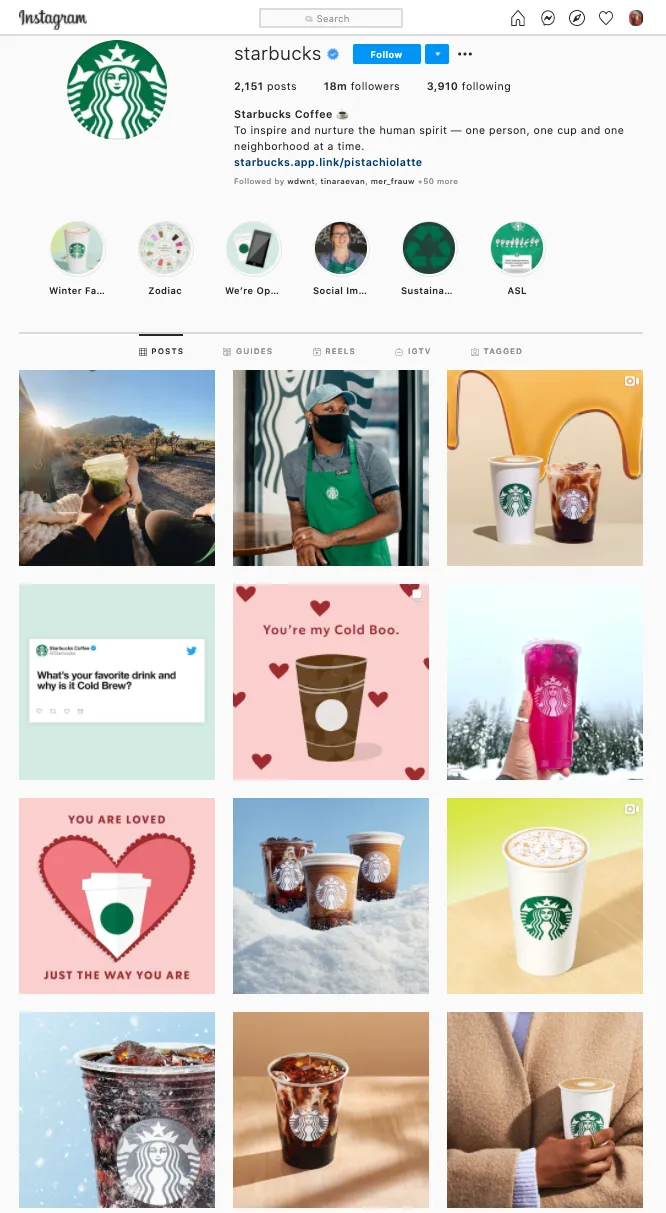 Starbucks- Instagram profile showcasing alluring visual content