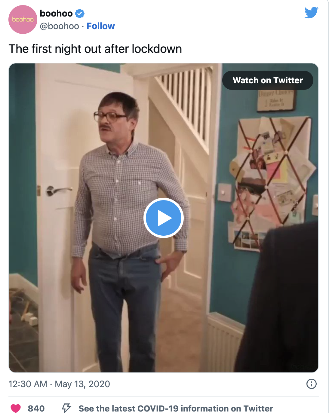 A video tweet by Boohoo that features lockdown-inspired content.