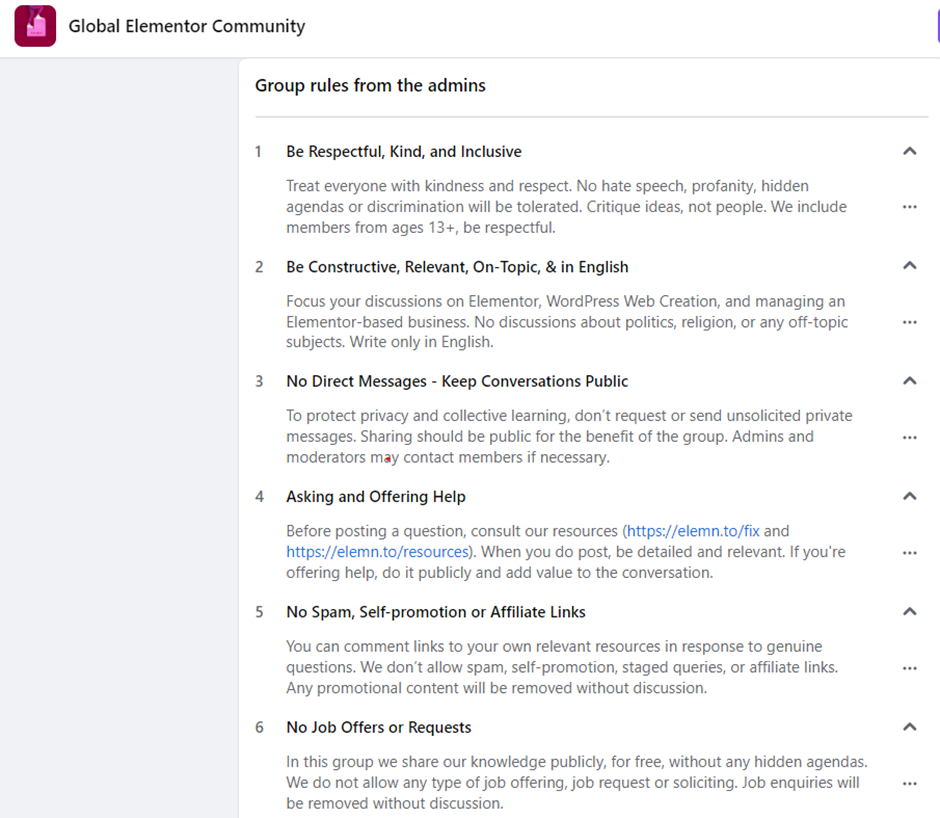 Global elementor community's community guidelines on Facebook