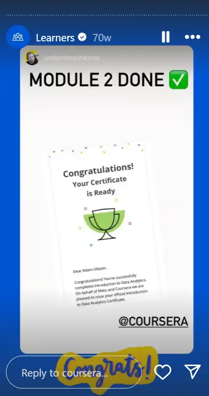 Coursera’s Instagram Story featuring a student’s course completion certificate repost.