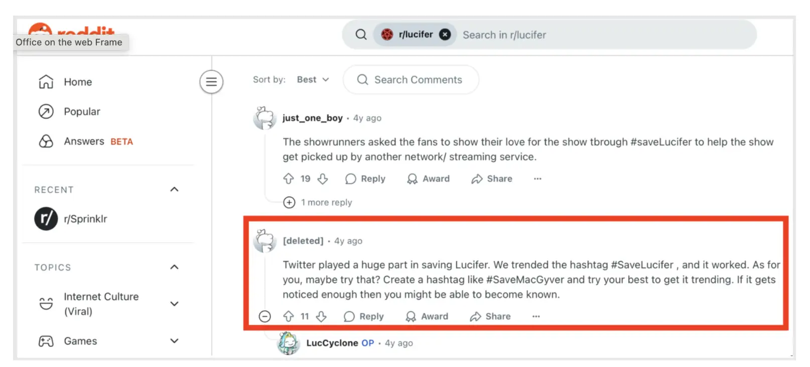 Reddit thread shwoing Lucifer fans discussing how to influence revival of the show