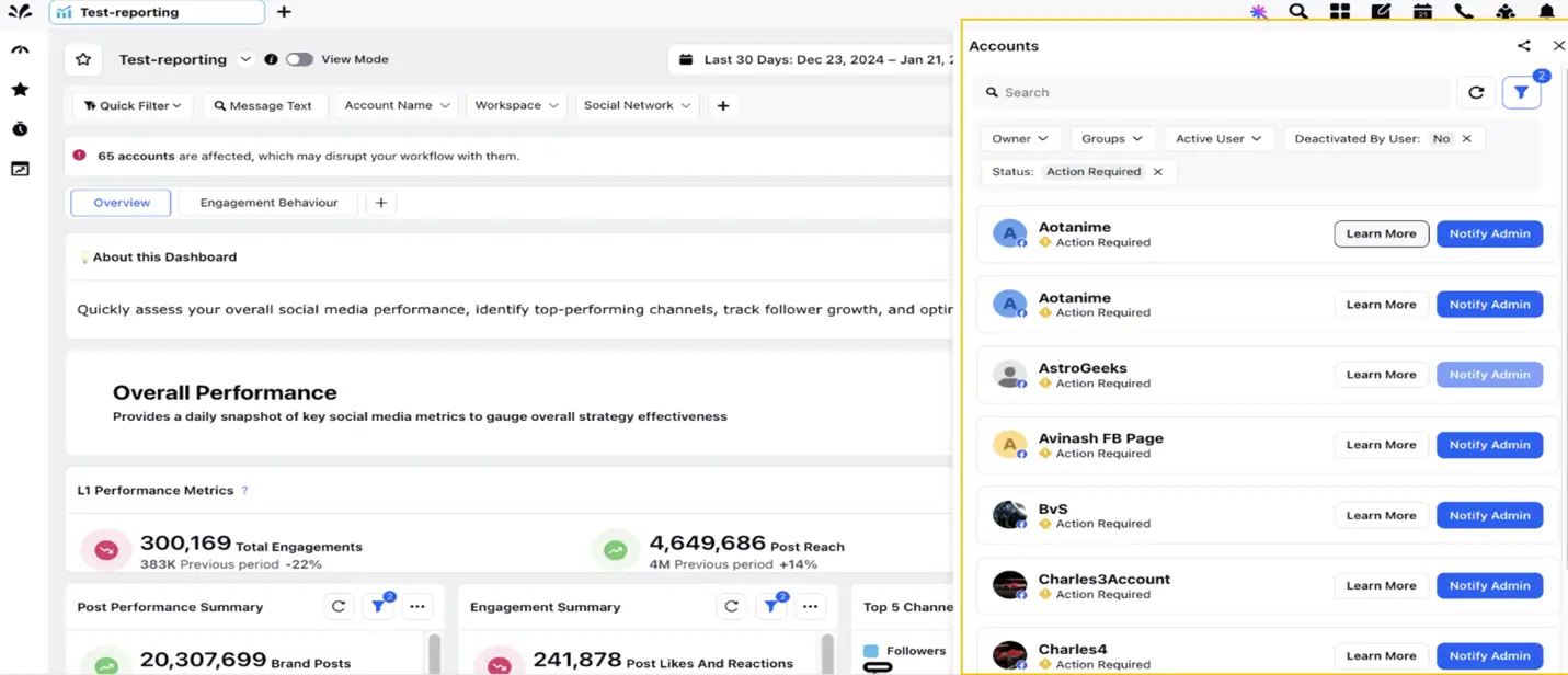 Sprinklr's Account Health Alerts in Social Reporting dashboards.