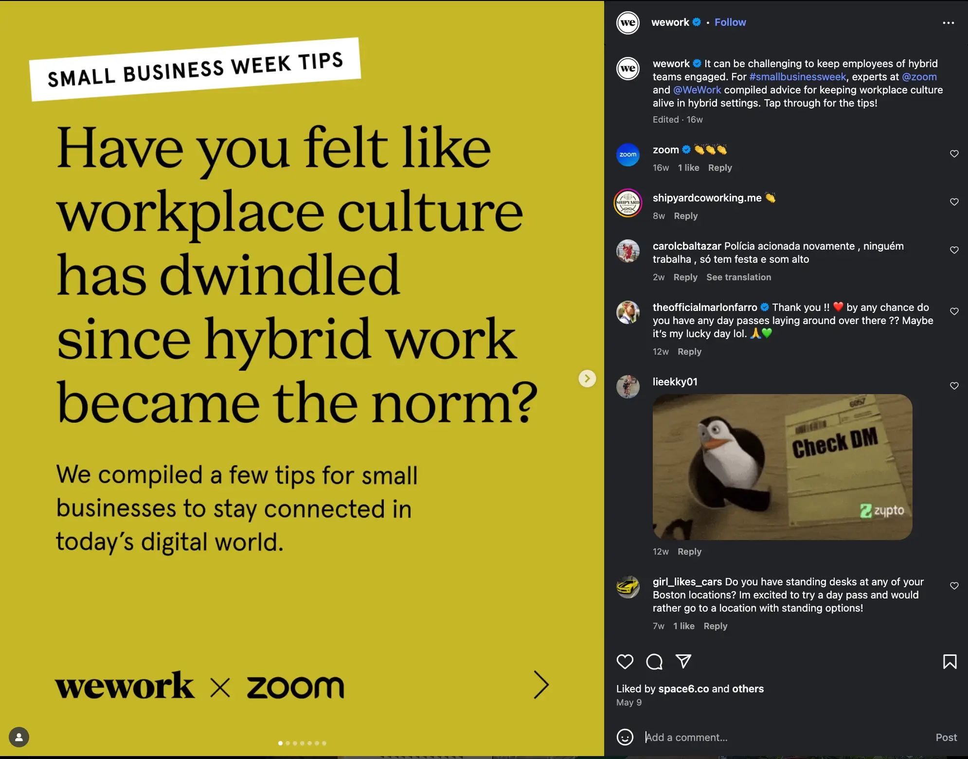 Screenshot of an Instagram post from WeWork’s official handle showcasing the usage of hashtags.  