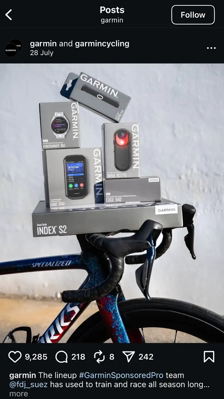 Screenshot of an Instagram post from Garmin’s official handle showcasing the usage of hashtags. 