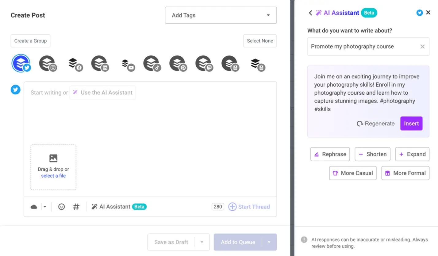 Buffer's AI Assistant feature for content generation.