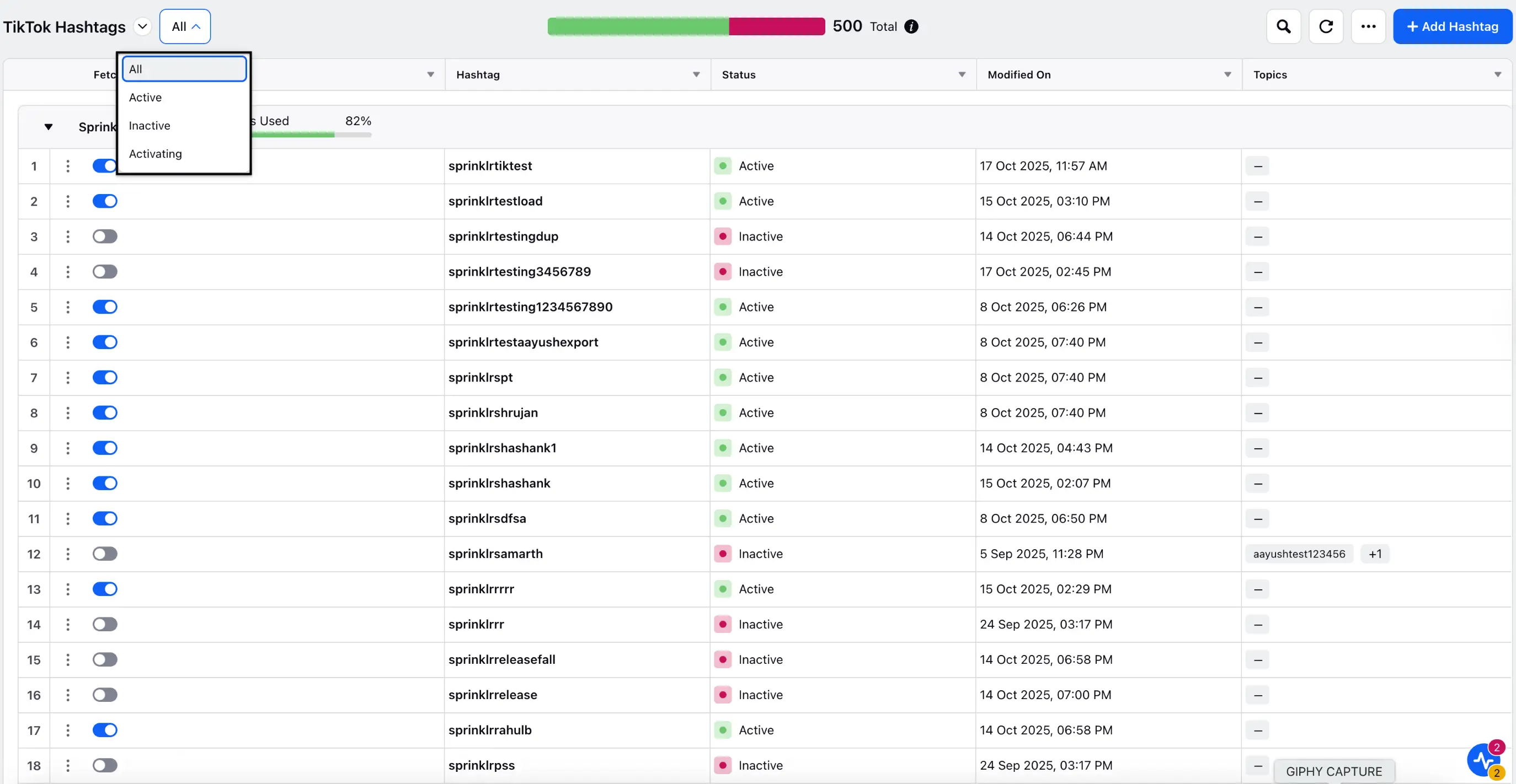 Sprinklr's TikTok brand hashtag tracking capability.