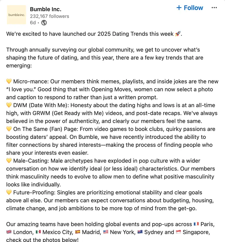 Bumble posts more text content on LinkedIn