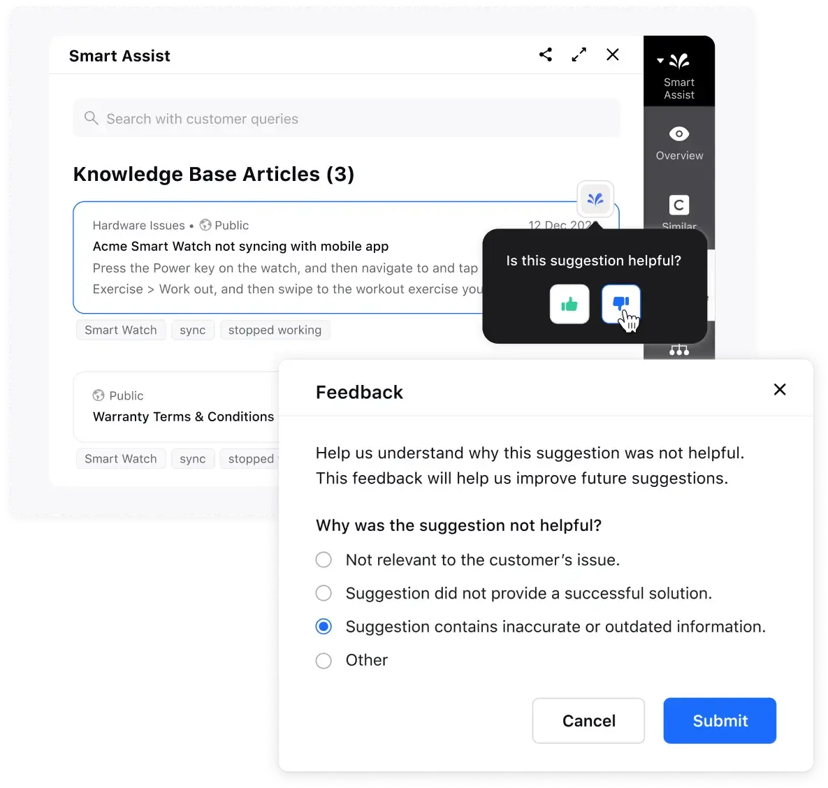 Agent feedback insights on recommended knowledge base with Sprinklr Service