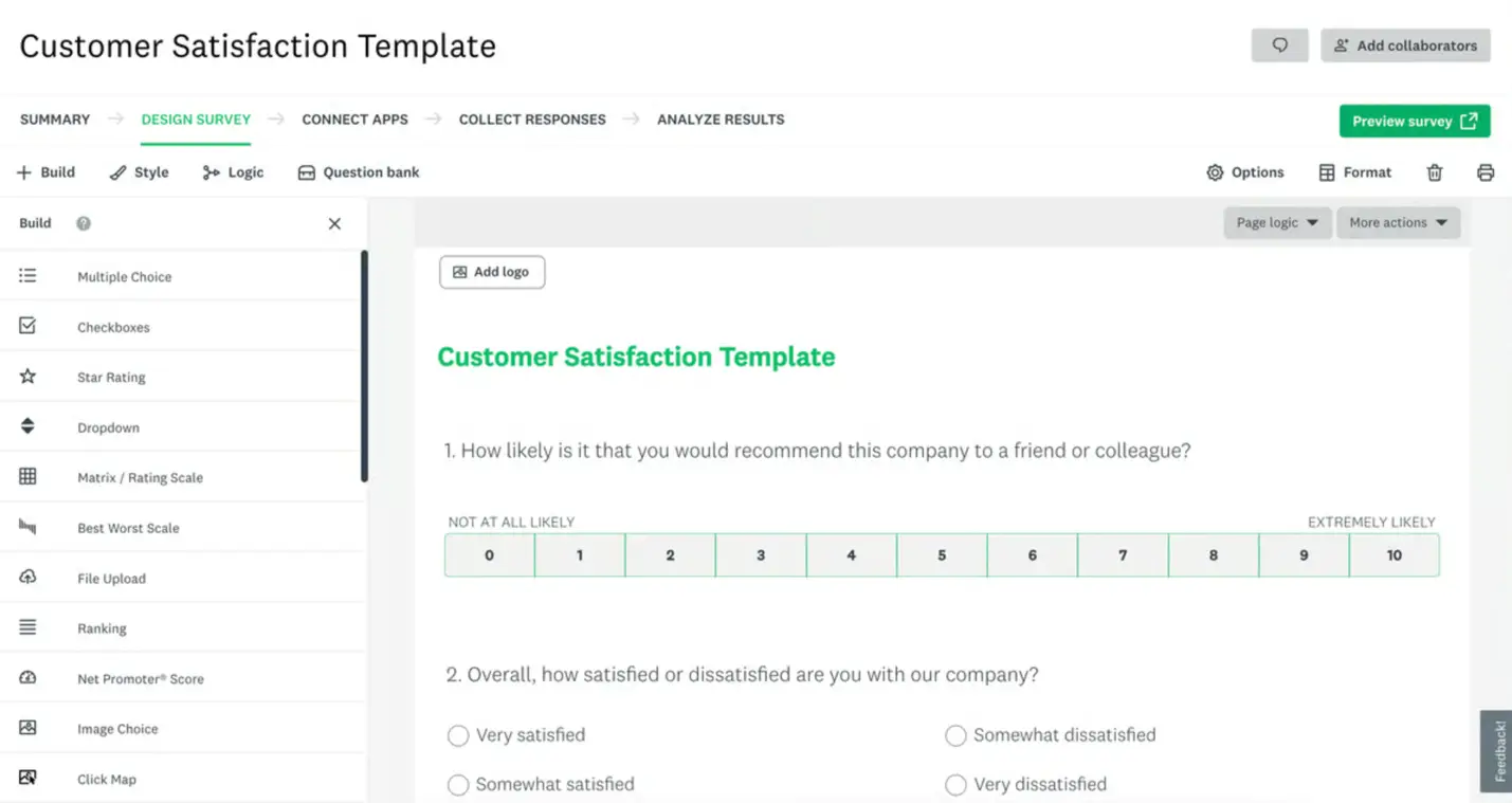SurveyMonkey Enterprise Survey software's customer satisfaction template